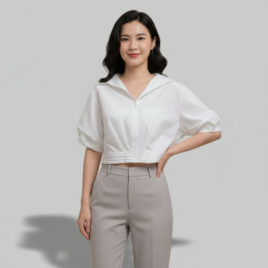Women Lapel Short-Sleeved Cropped Shirt