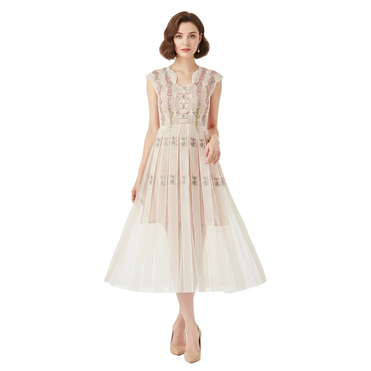 Fleur de Lace Beaded Sleeveless Midi Dress.