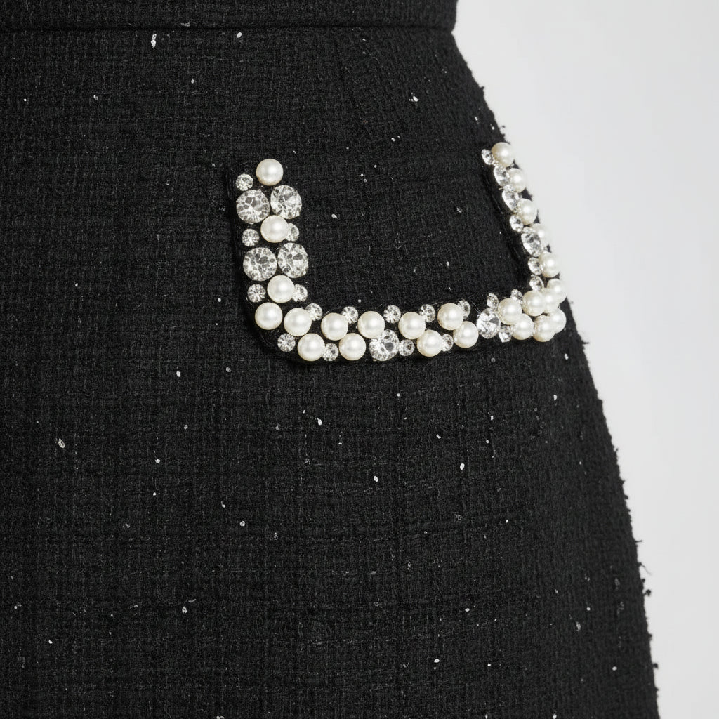 Prestige Tweed Jeweled Neckline Black Mini Dress.