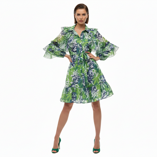 Blossom Waist-Cinching Ruffled Long Sleeve Dress