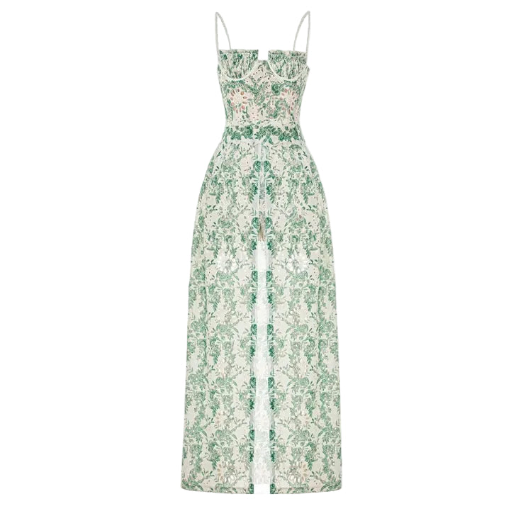 Mystique Embroidered Long Front Slit Corset Dress with Shorts.