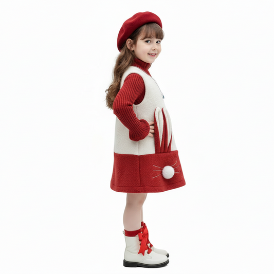 Girls Red Ribbed Turtleneck & Bunny Fleece Dress 2-Piece Outfit Set