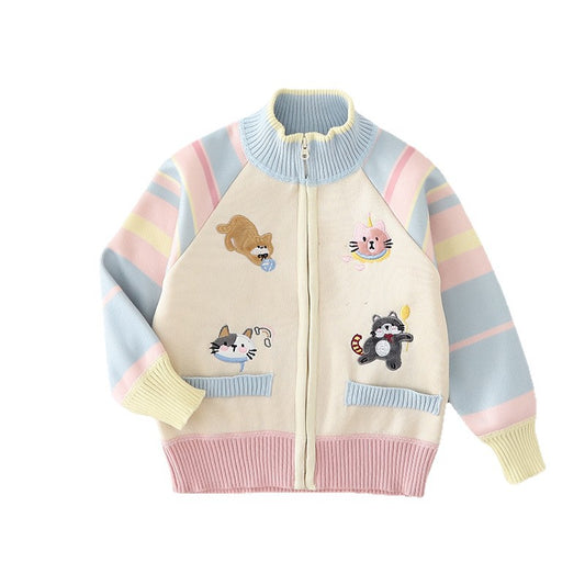 Girls' Cute Cartoon Cat Knitted Zip-Up Sweater Jacket