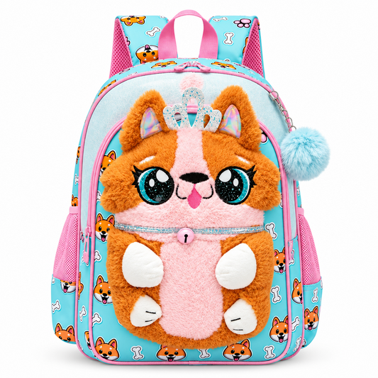 3-Piece 3D Cute Corgi Dog Plush School Bag Set / Backpack + Lunch Bag + Pencil Case