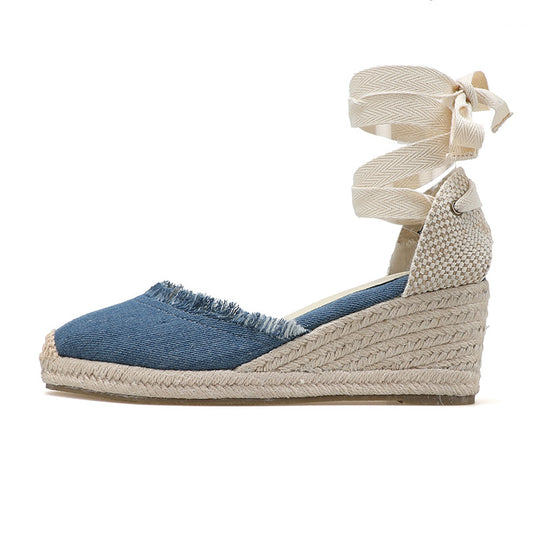 TONIVIS Women's Linen Espadrille 7cm High Wedge Sandals