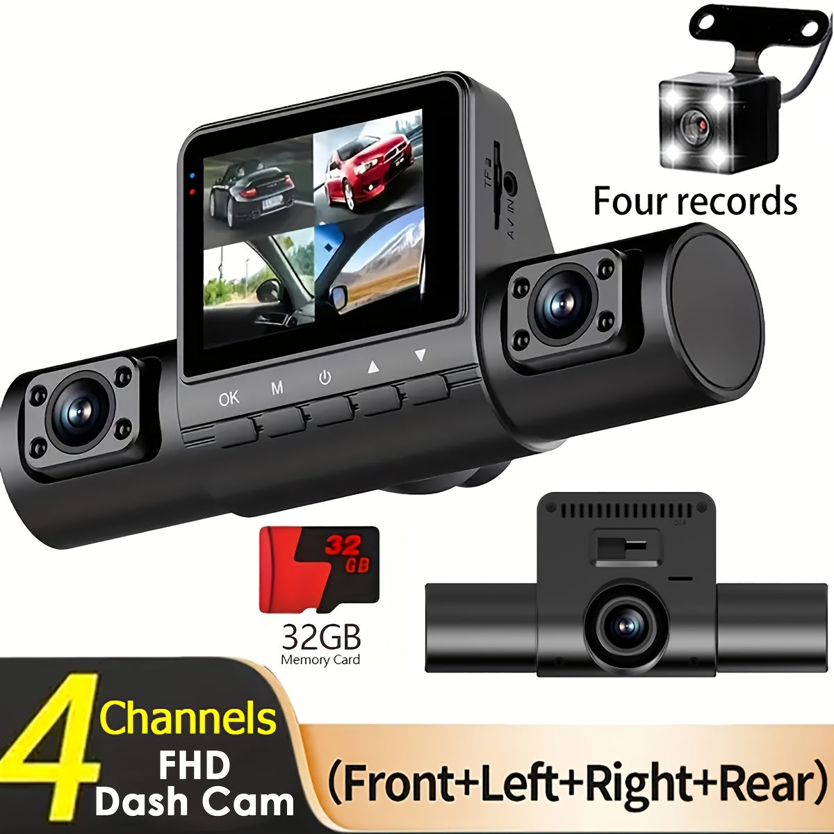 4-Channel Car Dashboard Camera With FHD 1080P Front And 720P Side And Rear, Night Vision, Loop Recording, And 24-Hour Parking Surveillance