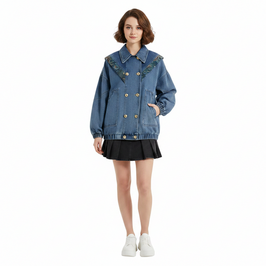 Women Starry Bow Denim Jacket