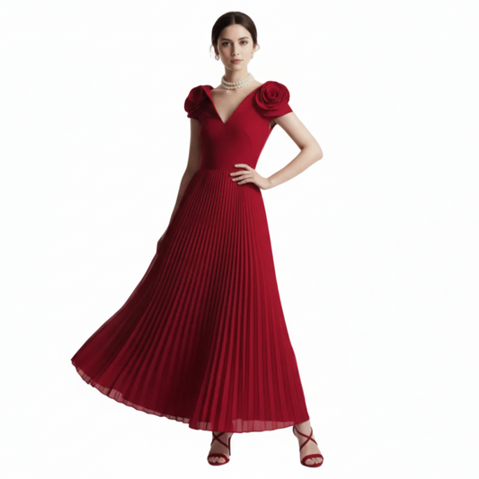 Fleur Applique Red Pleated Maxi Dress.