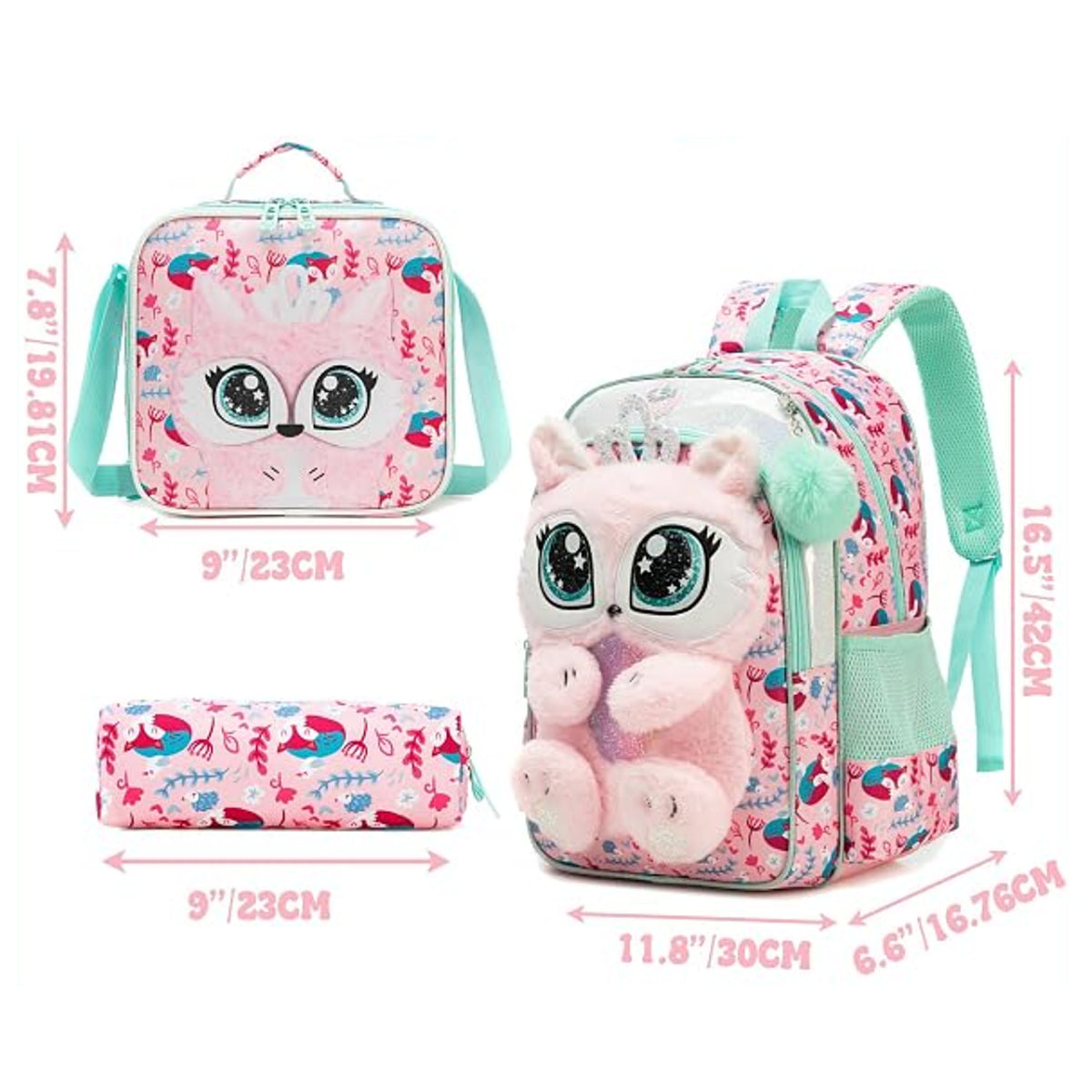 3-Piece Cute 3D Fluffy Pink Cat School Bag Set - Backpack + Lunch Bag + Pencil Case