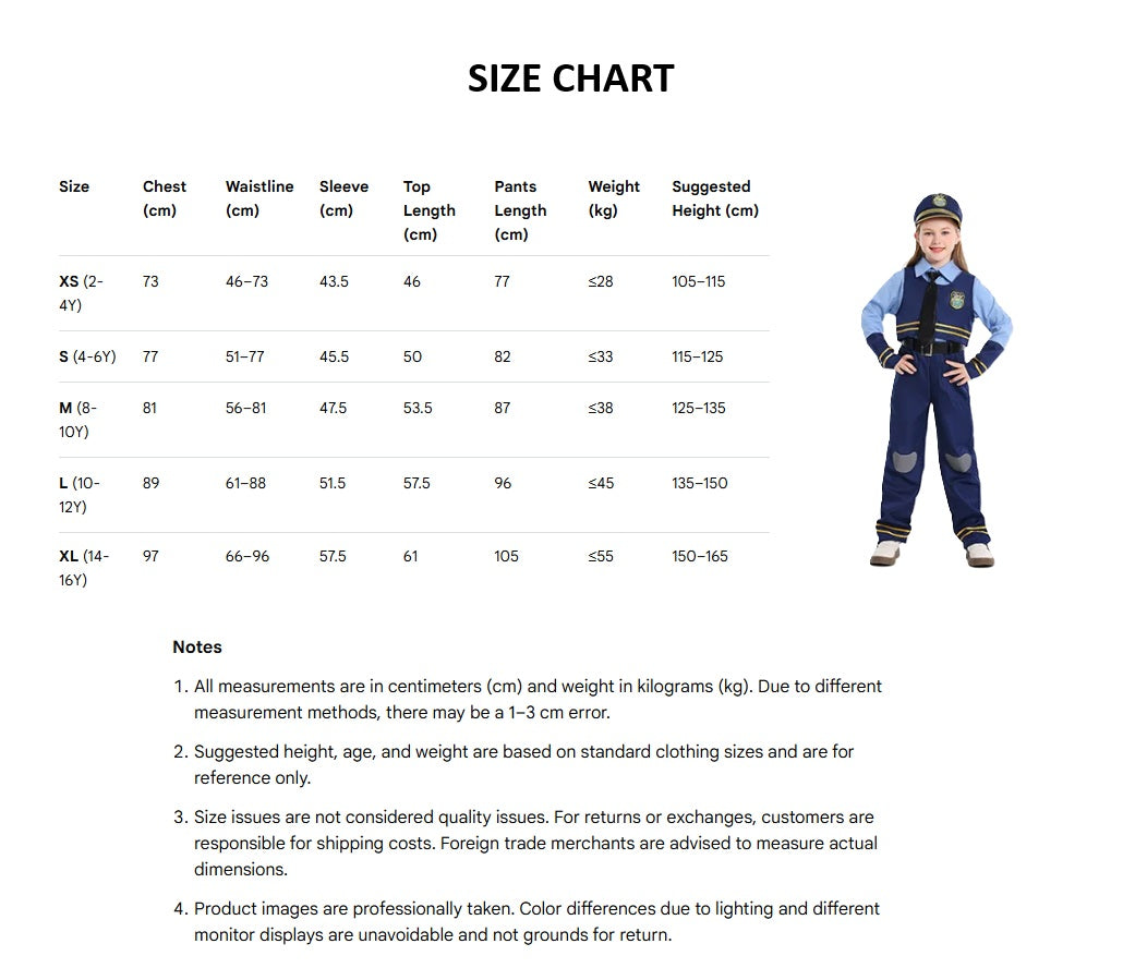 Kids Police Cosplay Costume Set
