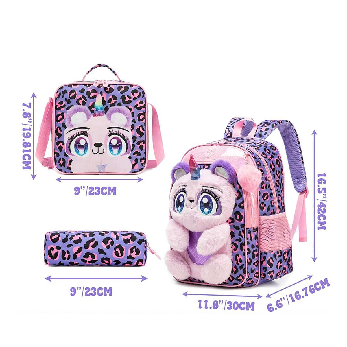 3-Piece 3D Plush Unicorn Bear School Bag Set / Backpack + Lunch Bag + Pencil Case