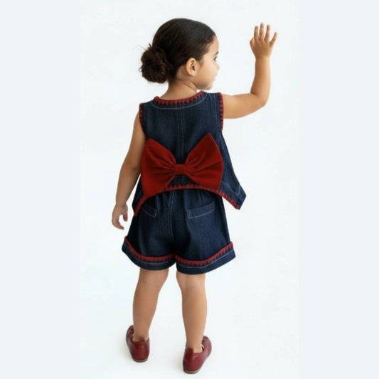 Girl's Bow Denim Summer Clothes 2pcs Set