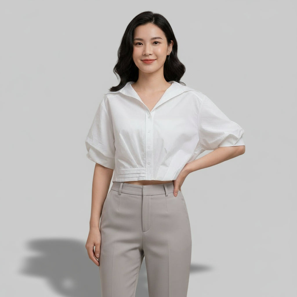 Women Lapel Short-Sleeved Cropped Shirt