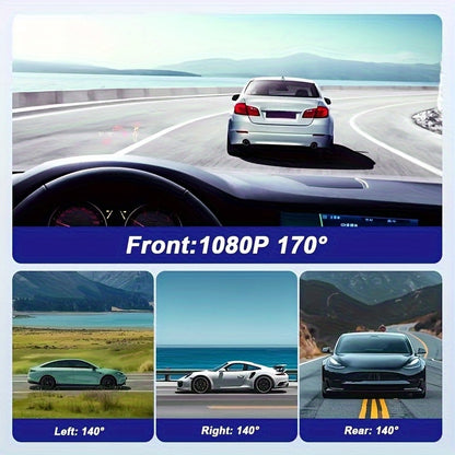 4-Channel Car Dash Camera with 1080P Front And 720P Left/Inside Right Rear DVR, Featuring Night Vision, Loop Recording, And 24-Hour Parking Monitoring for Vehicle Additions