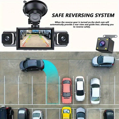 4-Channel Car Dash Camera with 1080P Front And 720P Left/Inside Right Rear DVR, Featuring Night Vision, Loop Recording, And 24-Hour Parking Monitoring for Vehicle Additions