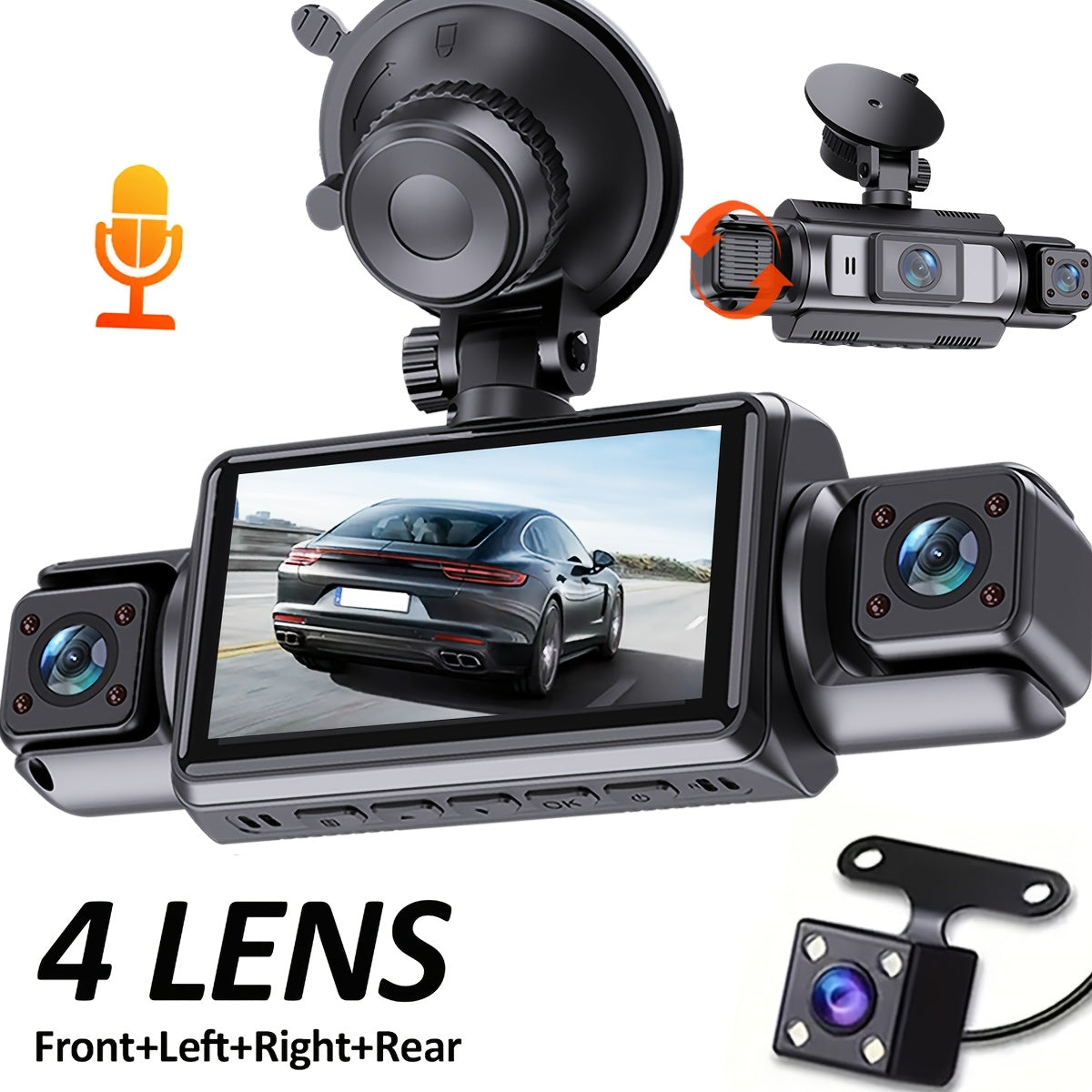4-Channel Car Dash Camera with 1080P Front And 720P Left/Inside Right Rear DVR, Featuring Night Vision, Loop Recording, And 24-Hour Parking Monitoring for Vehicle Additions
