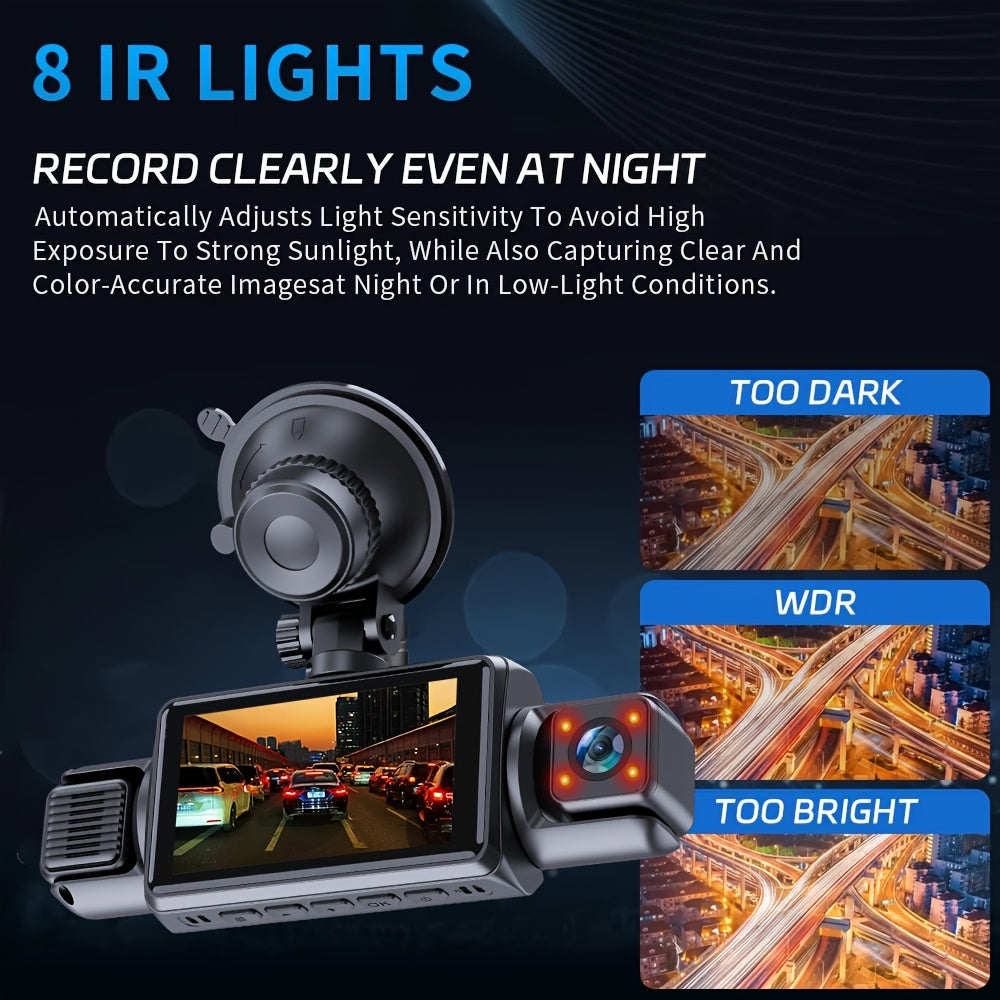 4-Channel Car Dash Camera with 1080P Front And 720P Left/Inside Right Rear DVR, Featuring Night Vision, Loop Recording, And 24-Hour Parking Monitoring for Vehicle Additions