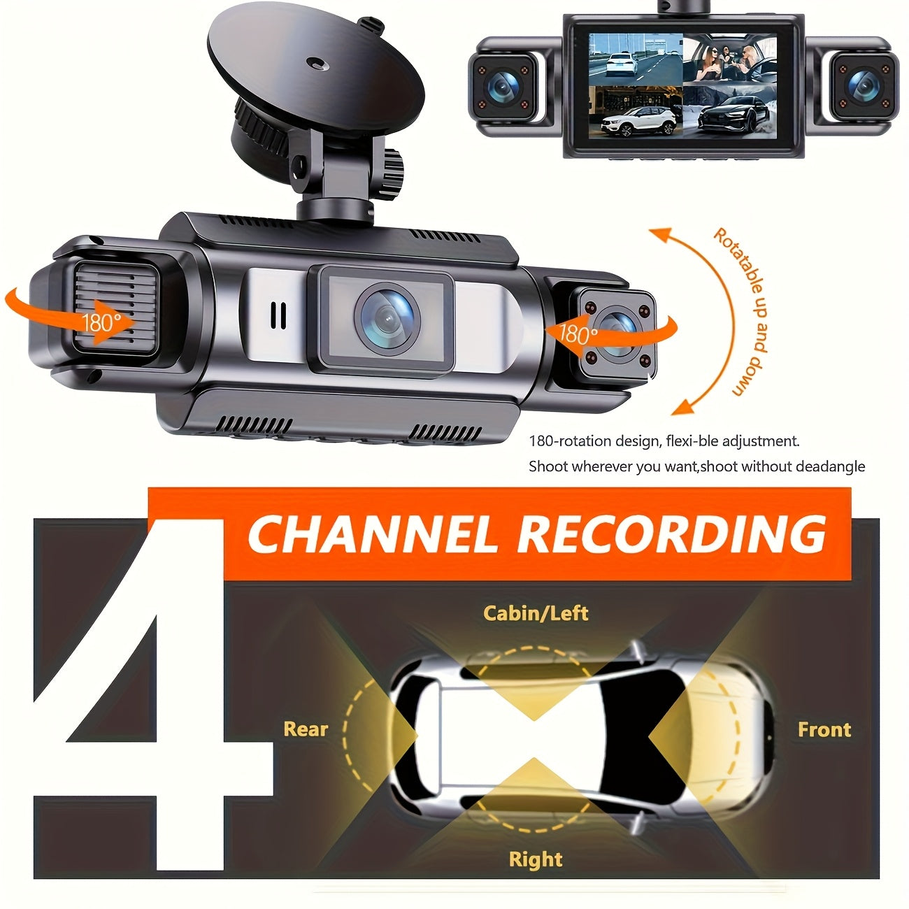 4-Channel Car Dash Camera with 1080P Front And 720P Left/Inside Right Rear DVR, Featuring Night Vision, Loop Recording, And 24-Hour Parking Monitoring for Vehicle Additions