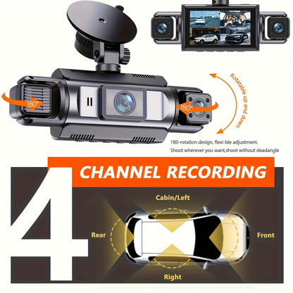 4-Channel Car Dash Camera with 1080P Front And 720P Left/Inside Right Rear DVR, Featuring Night Vision, Loop Recording, And 24-Hour Parking Monitoring for Vehicle Additions