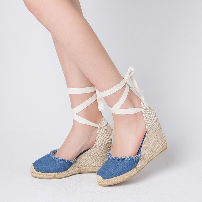 TONIVIS Women's Linen Espadrille 9cm High Wedge Sandals