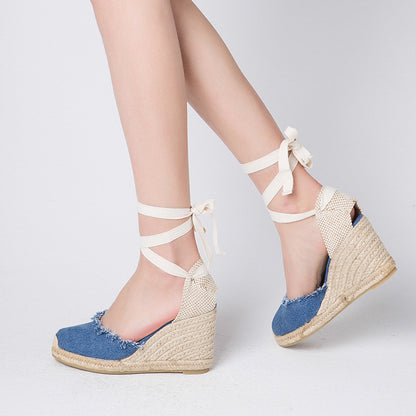TONIVIS Women's Linen Espadrille 9cm High Wedge Sandals