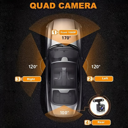 4-Channel Car Dashboard Camera With FHD 1080P Front And 720P Side And Rear, Night Vision, Loop Recording, And 24-Hour Parking Surveillance