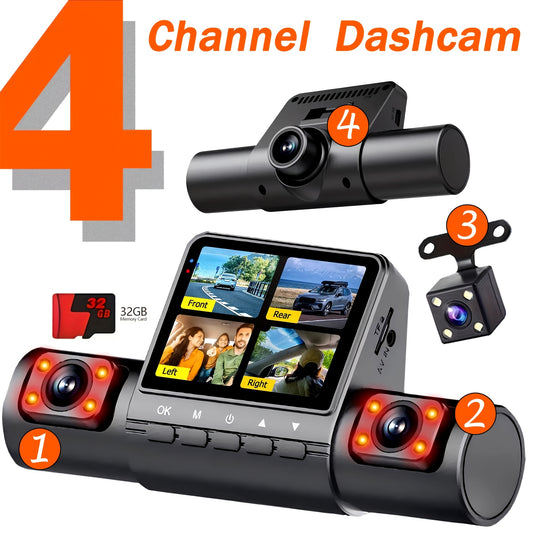 4-Channel Car Dashboard Camera With FHD 1080P Front And 720P Side And Rear, Night Vision, Loop Recording, And 24-Hour Parking Surveillance