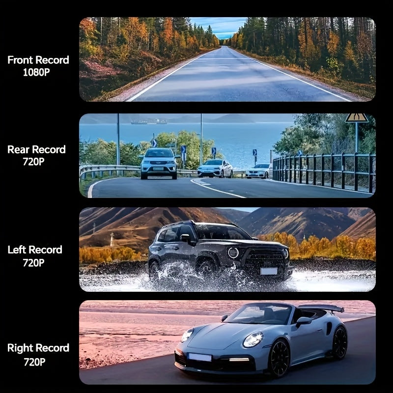 4-Channel Car Dashboard Camera With FHD 1080P Front And 720P Side And Rear, Night Vision, Loop Recording, And 24-Hour Parking Surveillance