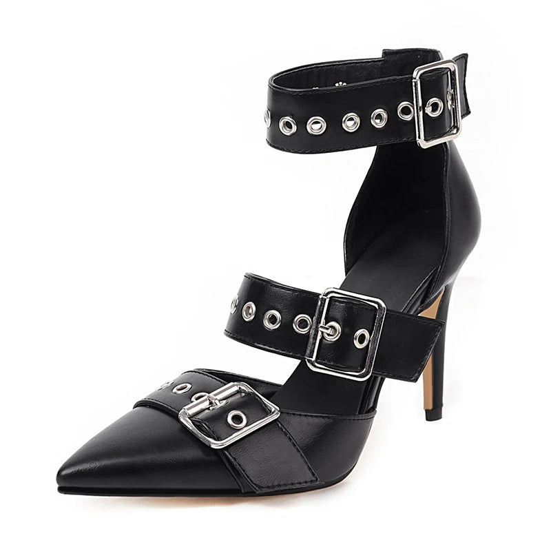 Punk Gothic High Heels Pointed Toe Fashion Buckle Rivet Women Pumps