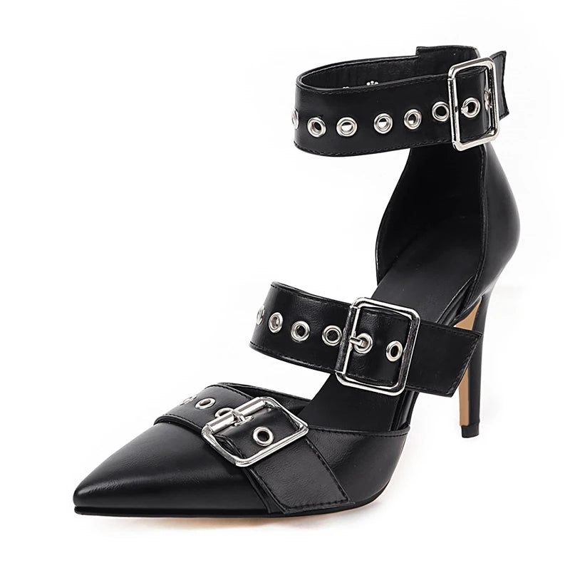 Punk Gothic High Heels Pointed Toe Fashion Buckle Rivet Women Pumps