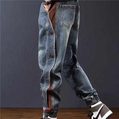 Men's Retro Denim Joggers with Corduroy Trim