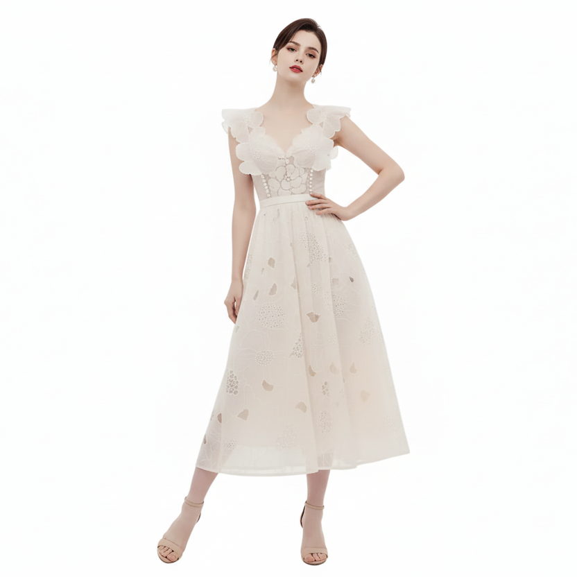 First Love Embroidered Apricot Midi Dress
