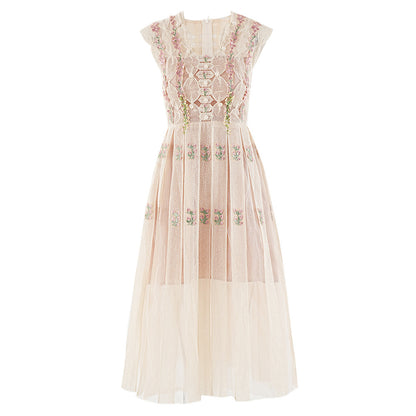 Fleur de Lace Beaded Sleeveless Midi Dress.