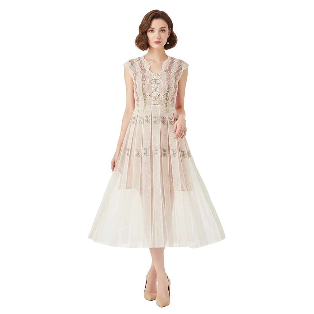 Fleur de Lace Beaded Sleeveless Midi Dress.