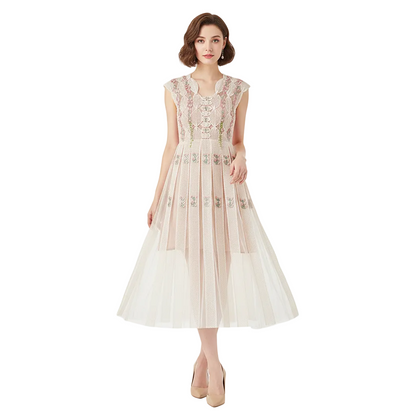 Fleur de Lace Beaded Sleeveless Midi Dress.
