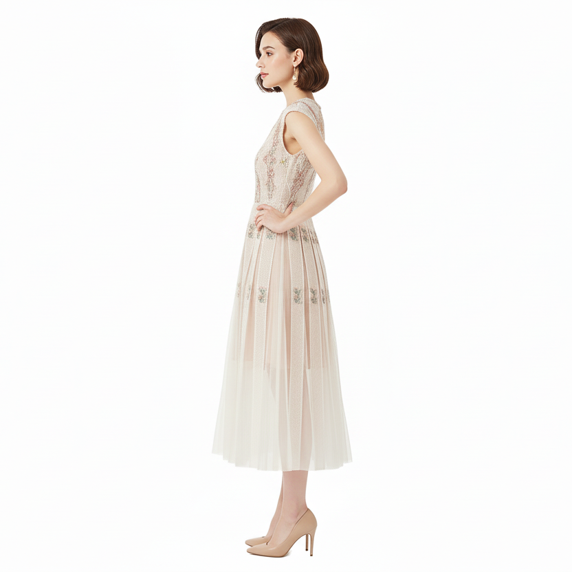 Fleur de Lace Beaded Sleeveless Midi Dress.