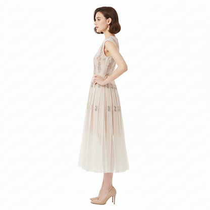 Fleur de Lace Beaded Sleeveless Midi Dress.