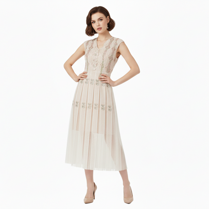 Fleur de Lace Beaded Sleeveless Midi Dress.