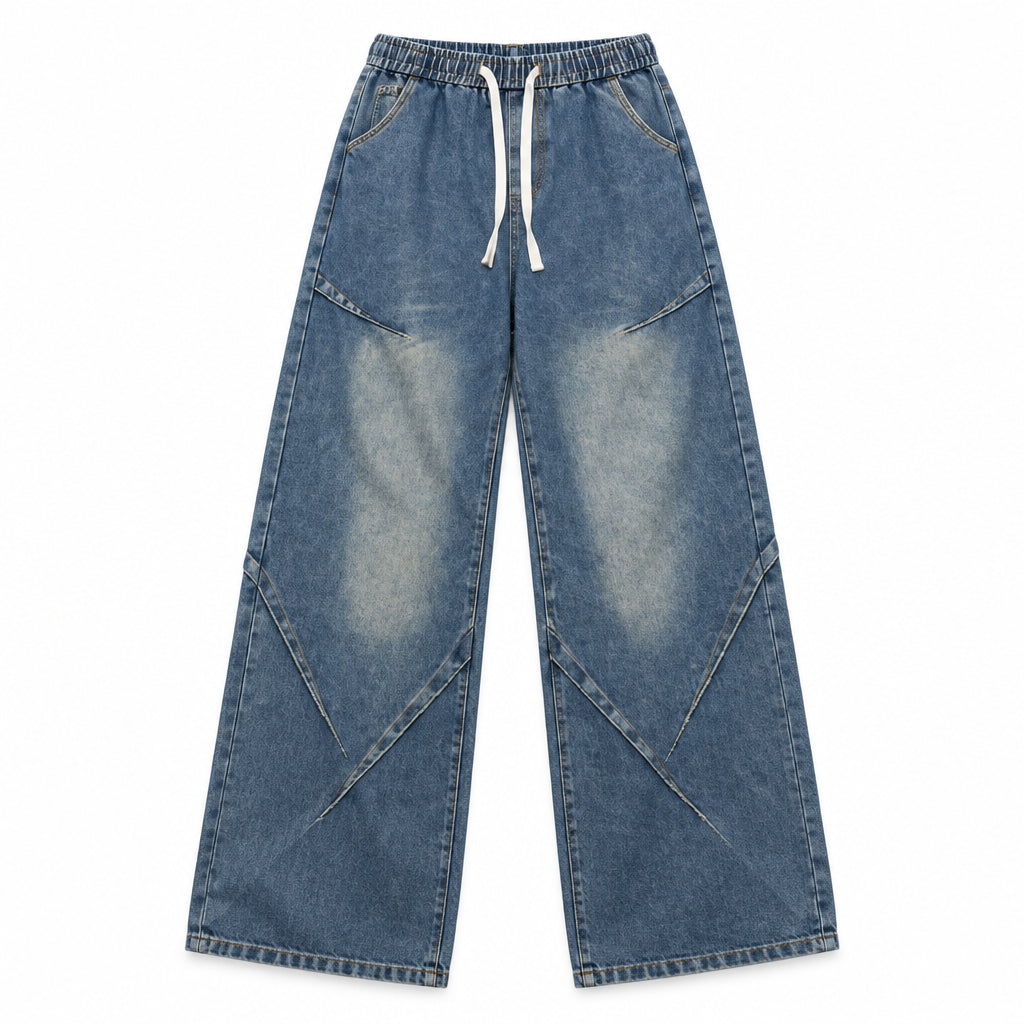 Women's Wide-Leg Paneled Baggy Jeans with Drawstring Waist