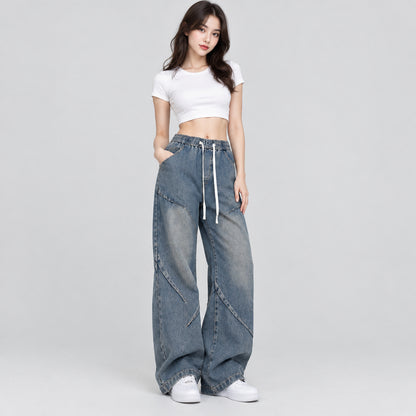 Women's Wide-Leg Paneled Baggy Jeans with Drawstring Waist