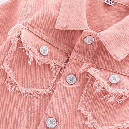 Girl's Bright and Fun Pink Distressed Denim Jacket