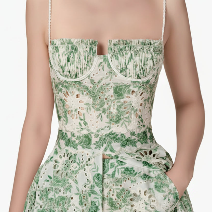Mystique Embroidered Long Front Slit Corset Dress with Shorts.
