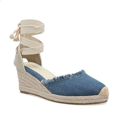 TONIVIS Women's Linen Espadrille 7cm High Wedge Sandals
