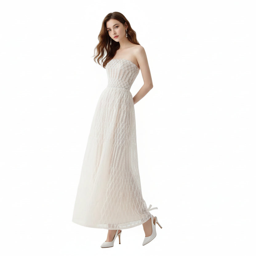 Geo Lace Embroidered Bandeau Maxi Dress.