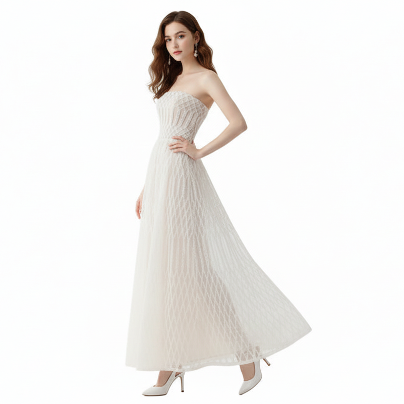 Geo Lace Embroidered Bandeau Maxi Dress.