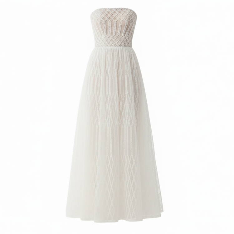 Geo Lace Embroidered Bandeau Maxi Dress.