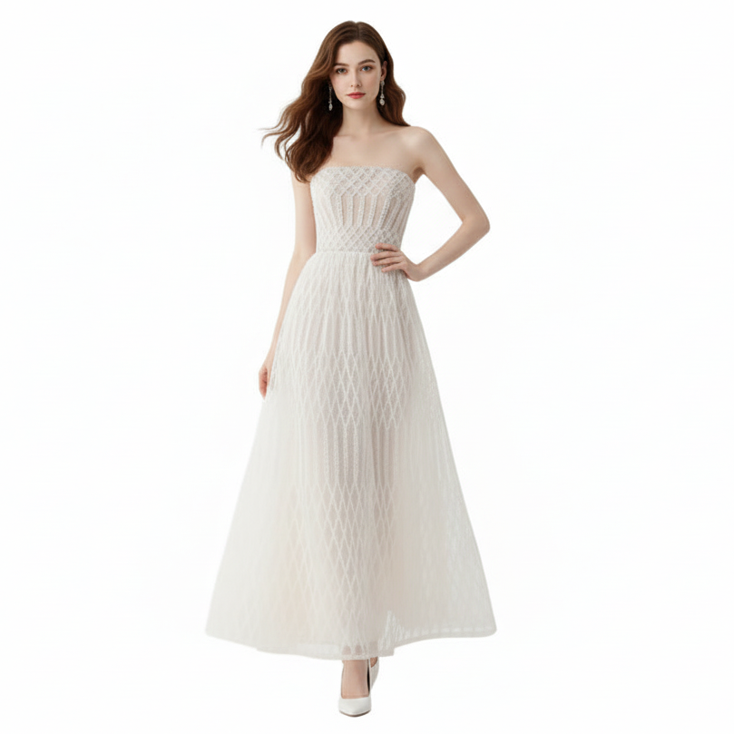 Geo Lace Embroidered Bandeau Maxi Dress.