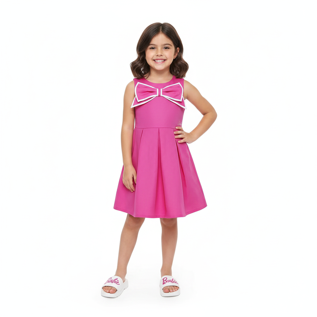 Barbie Girls Pink A-Line Casual Dress with Statement Bow Accent