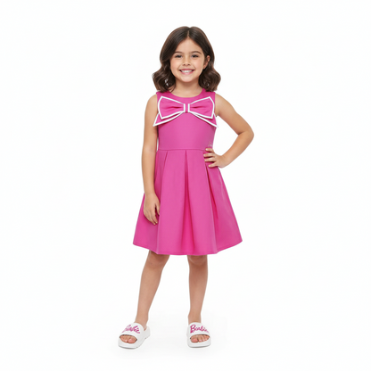 Barbie Girls Pink A-Line Casual Dress with Statement Bow Accent