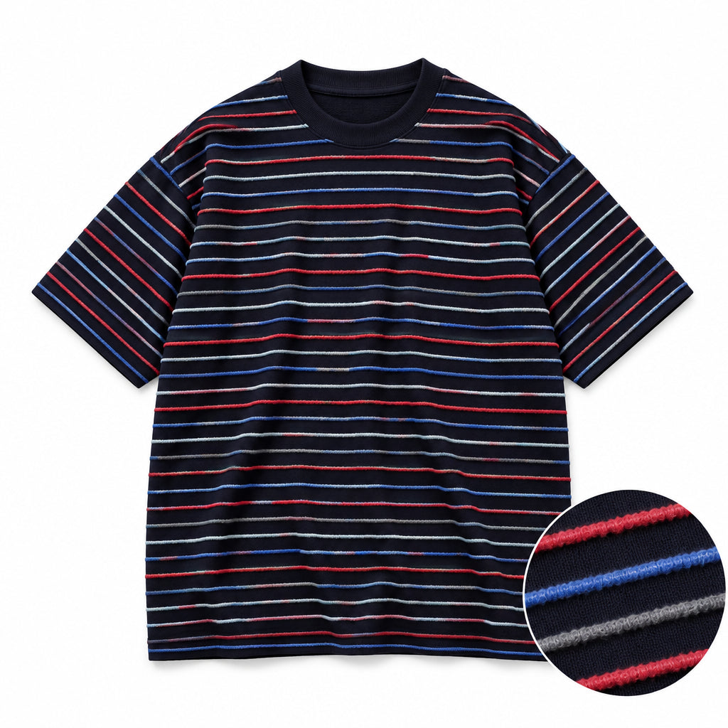 Jacquard Retro Textured Multi-Color Striped T-Shirt